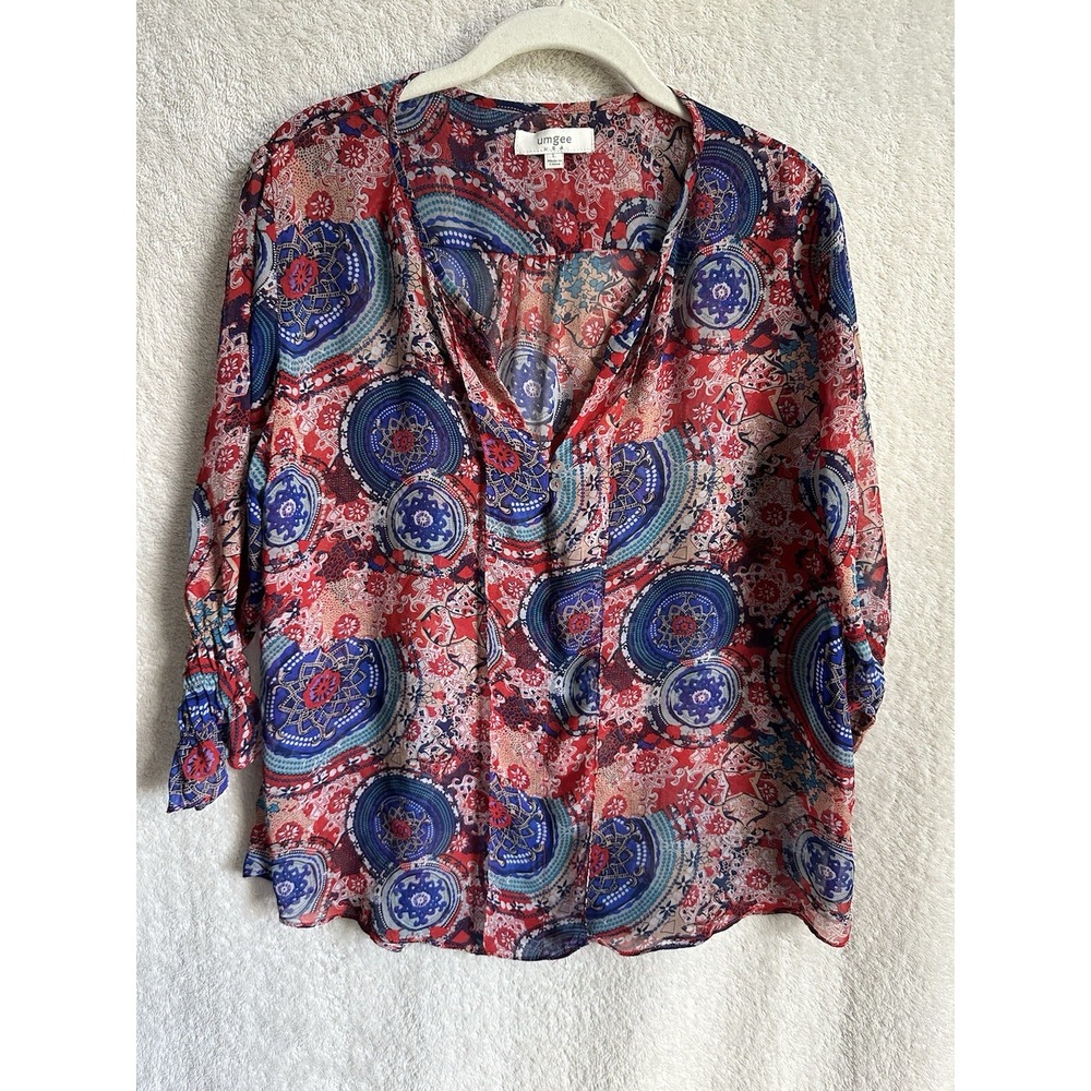 Umgee USA Women's Shirt Split 3/4 Sleeve Floral Circle Blouse‎ Sheer Size Large